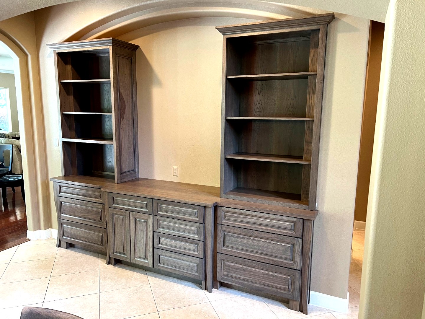 Grey brown double bookcase hutch