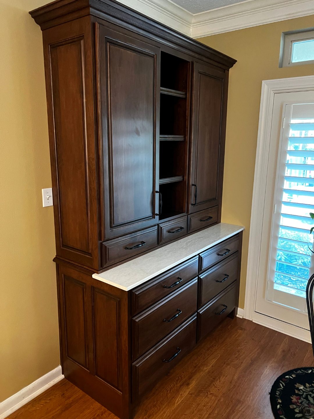 Dark cherry office hutch cabinet with marble countertop and glass display shelving