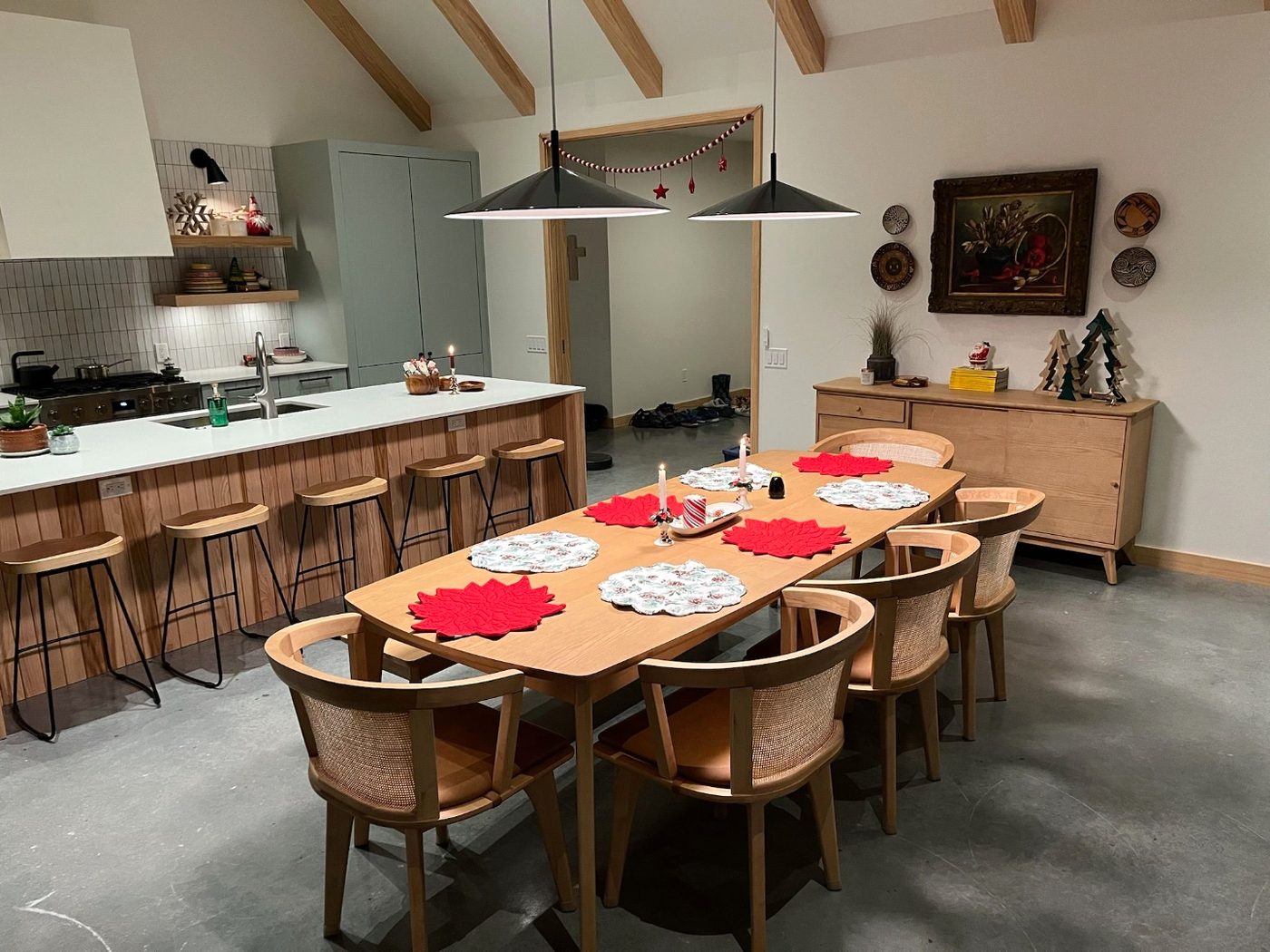 Modern dining room with custom light oak buffet and hutch cabinetry